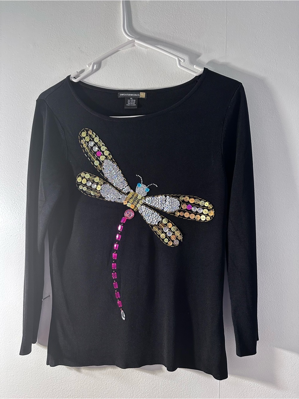 Sweaterworks Black Long-Sleeve Top with Sequin Dragonfly